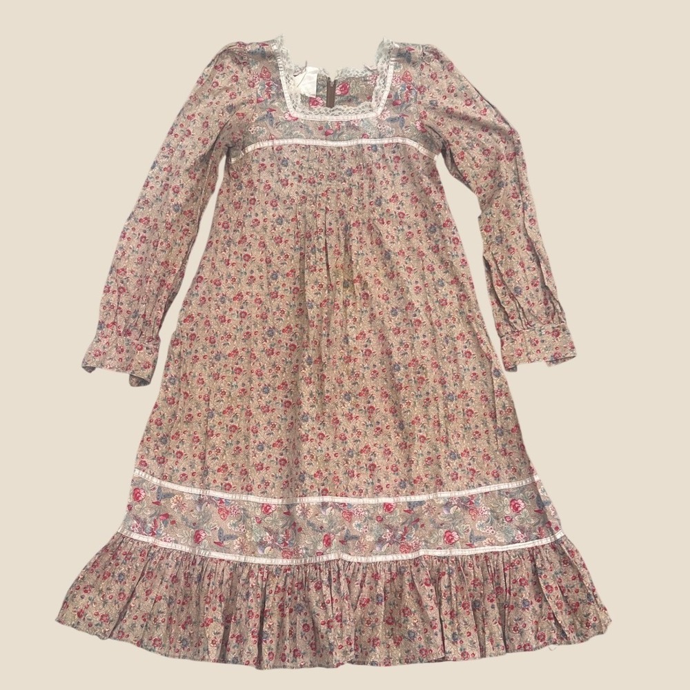 Vintage Gunne Sax Jessica Floral Prairie Lace Dress Tan Sz Small - Read Has Flaw